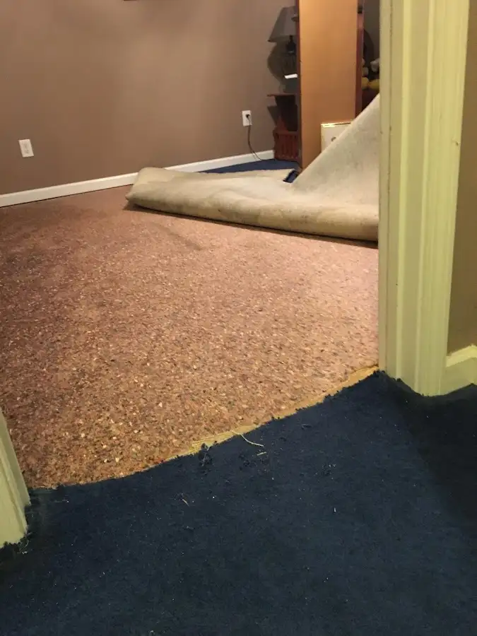 Carpet pad removal revealing water damage during Water Mitigation Services in Coalinga